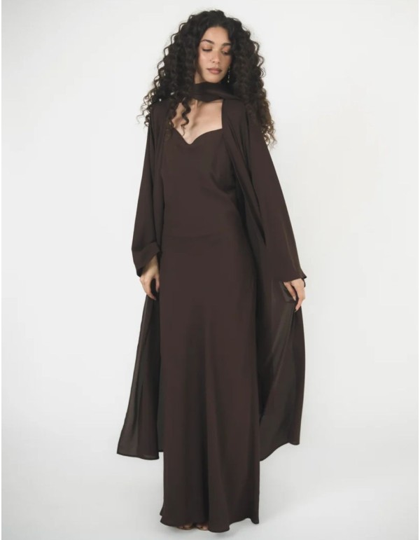 Long brown crepe kimono with wide sleeves