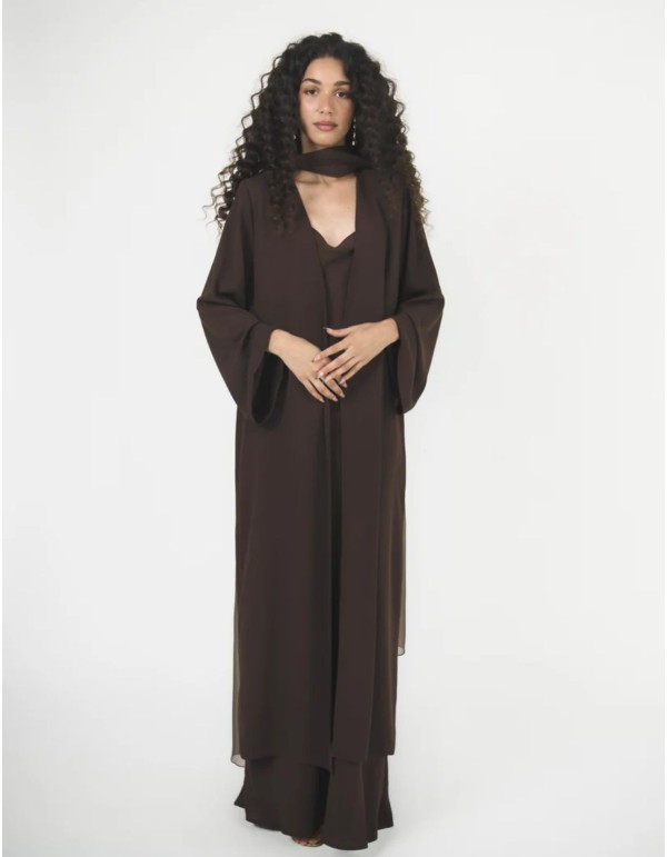 Long brown crepe kimono with wide sleeves 2