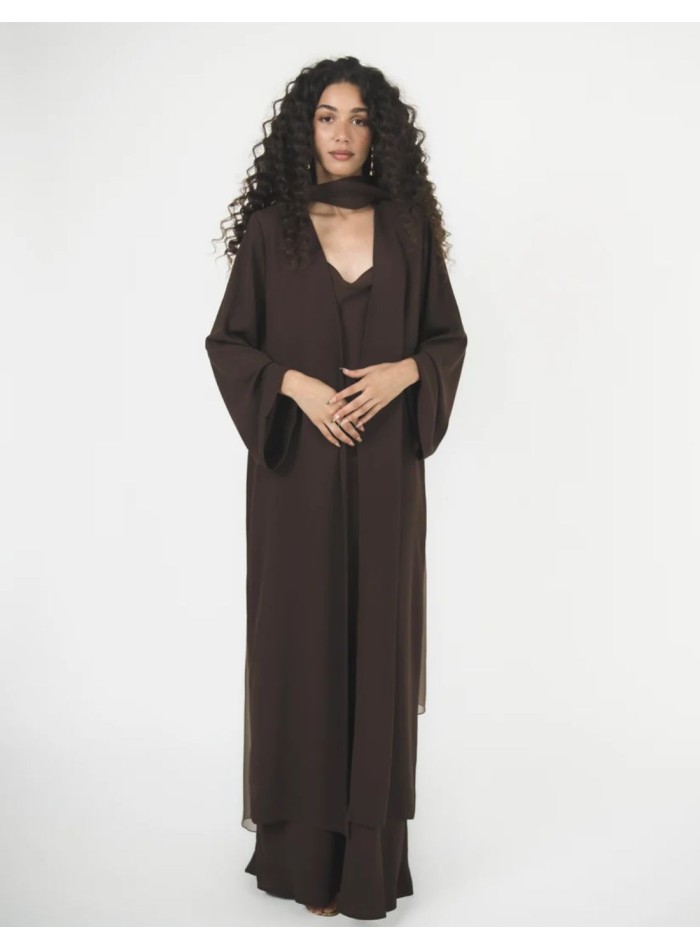 Long brown crepe kimono with wide sleeves