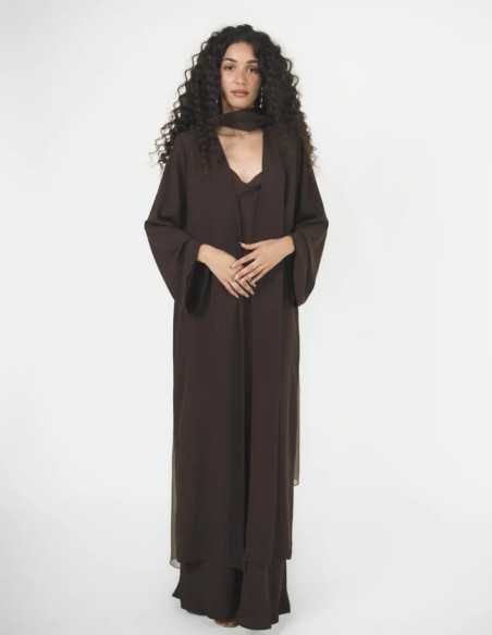 Long brown crepe kimono with wide sleeves