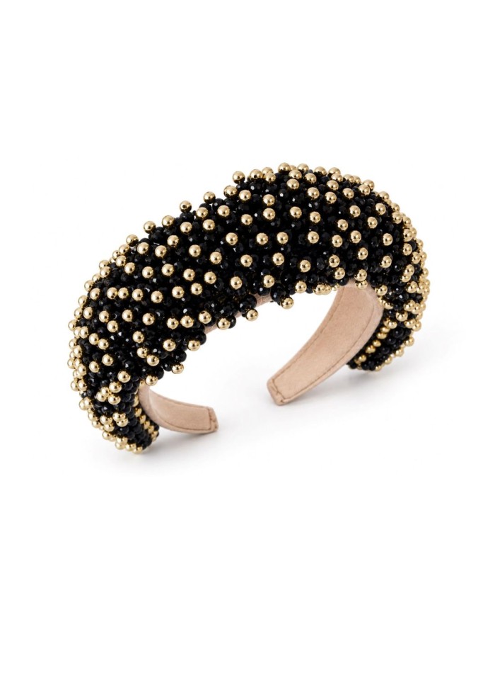 Diadema negra con bolas doradas