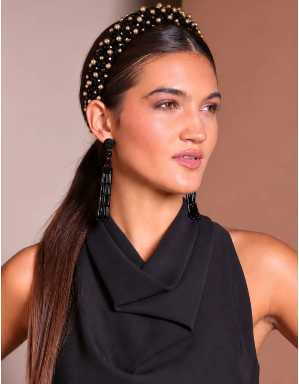 Diadema de invitada negra con bolas doradas