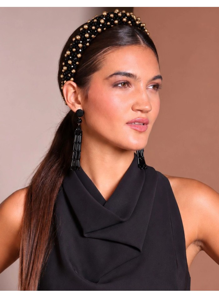 Diadema de invitada negra con bolas doradas