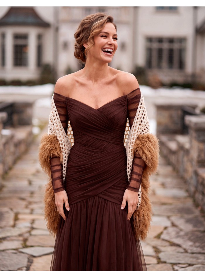 Beige and camel feather-effect fringed knit shawl