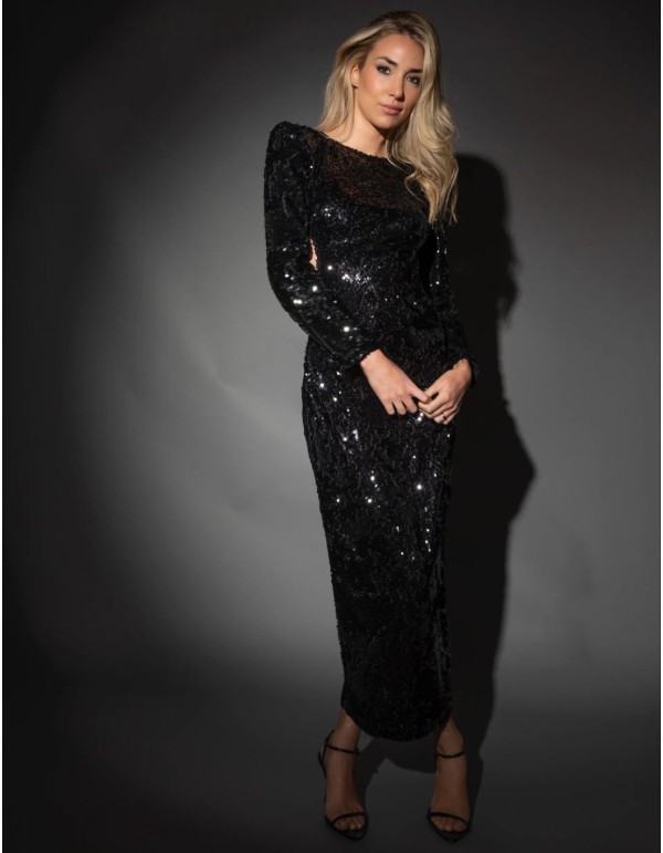 Robe midi à paillettes noires avec fentes sur les côtés