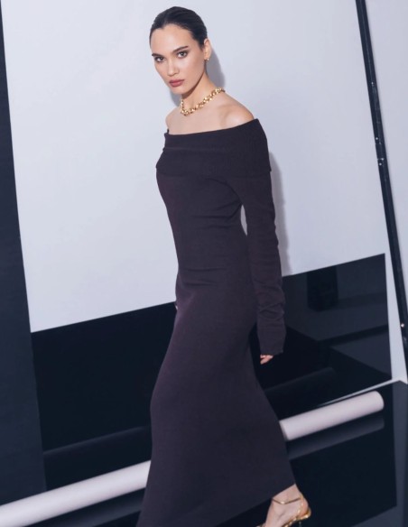 Long dress with fitted long sleeves and a Bardot neckline