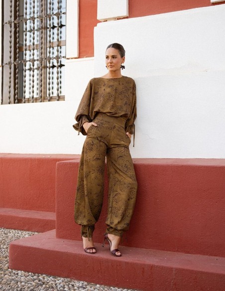 Pantalon long bouffant vert à motifs
