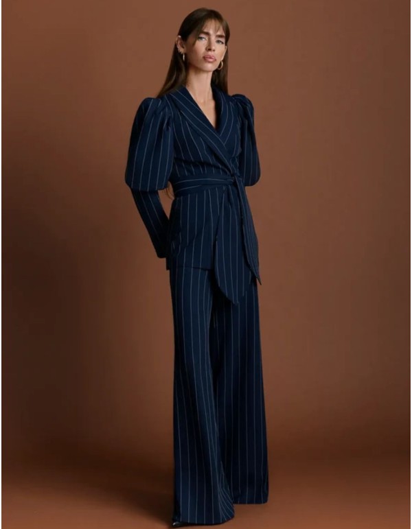 Navy blue pinstripe pants with a flared cut 2