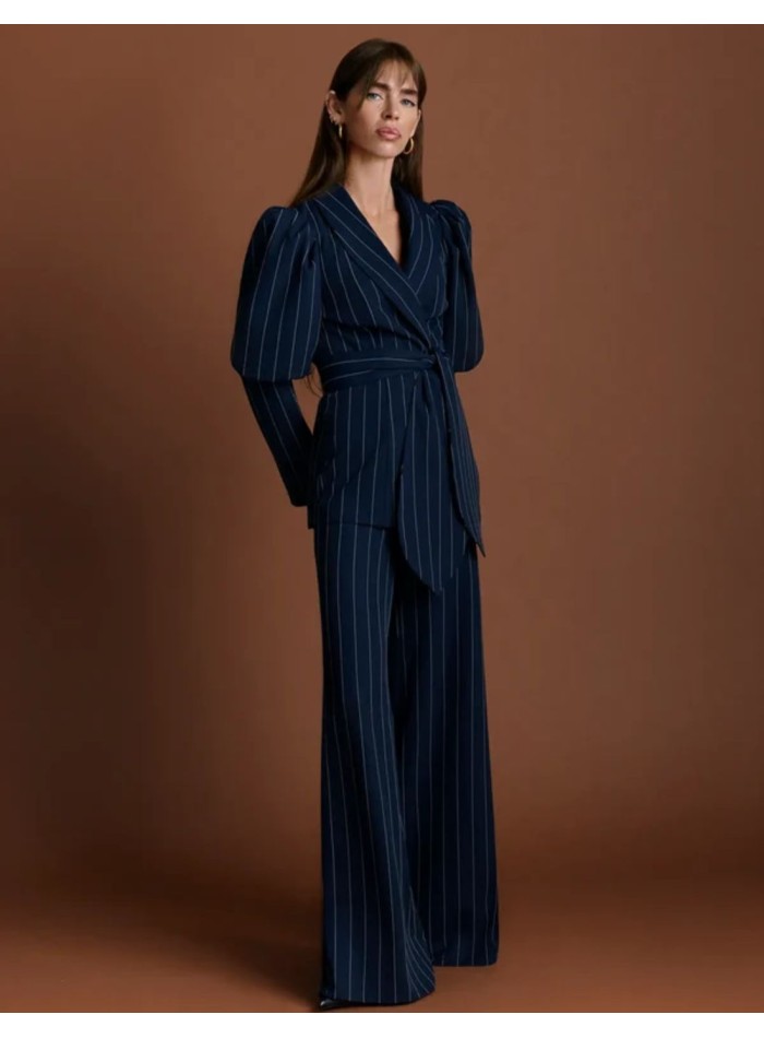 Navy blue pinstripe pants with a flared cut