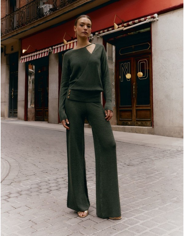 Pantalon long évasé en maille grain de riz