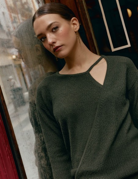 Pantalón largo estilo flare en punto de arroz para invitada