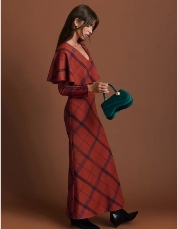 Robe à carreaux couleur cuve avec encolure en V et jupe... 2