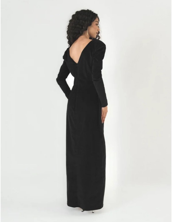 Vestido largo clásico negro de terciopelo para eventos de noche 2