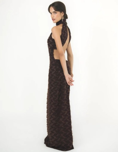 Long brown dress with a halter neckline and an open back