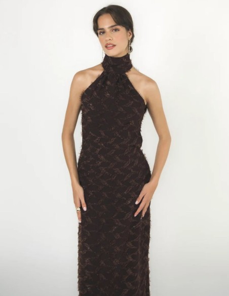 Long brown dress with a halter neckline and an open back