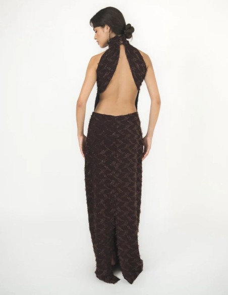 Long brown dress with a halter neckline and an open back