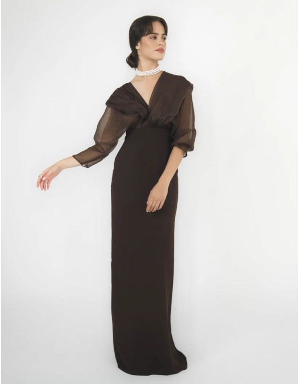 Long brown dress with sheer, draped three-quarter sleeves