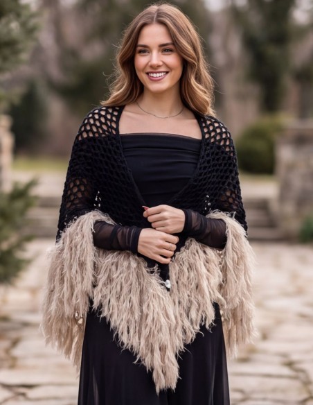 Black crochet shawl with a faux-fur trim in an ecru shade