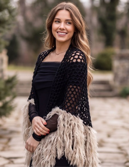 Black crochet shawl with a faux-fur trim in an ecru shade