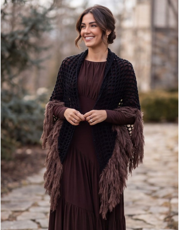 Black knitted shawl with a dark brown faux-fur trim