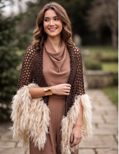 Chocolate brown crochet shawl with an off-white faux fur trim