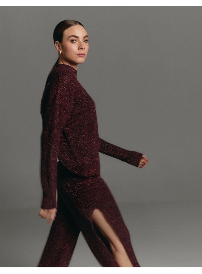 Jersey en punto perlado color burdeos con espalda cruzada para mujer