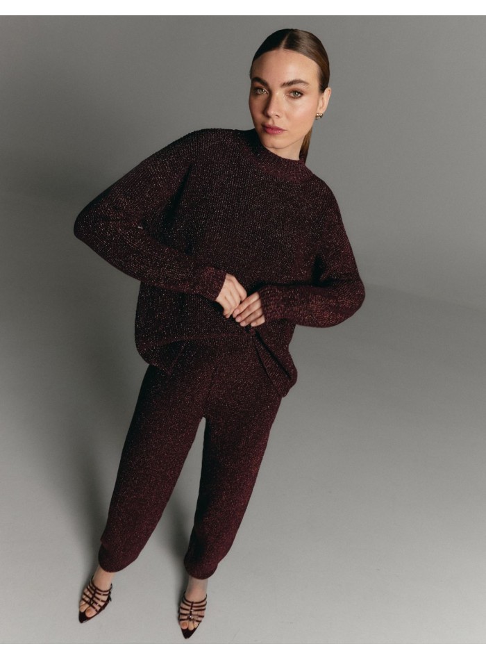 Burgundy pearl-knit sweater with a crossover back