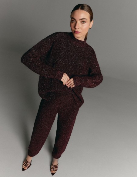 Burgundy pearl-knit sweater with a crossover back