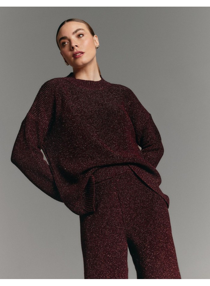 Burgundy pearl-knit sweater with a crossover back