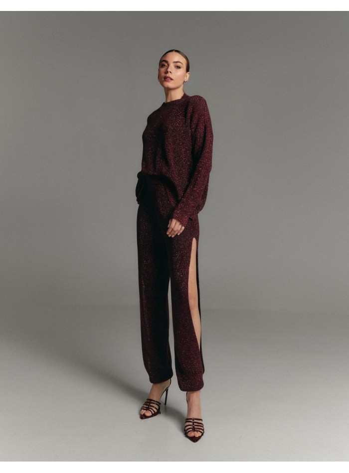 Burgundy pearl-knit sweater with a crossover back