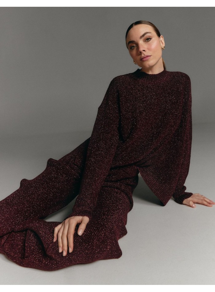 Burgundy pearl-knit sweater with a crossover back