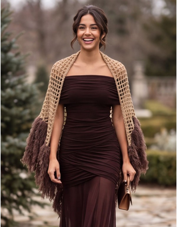 Camel-colored knit shawl with a brown faux-fur trim