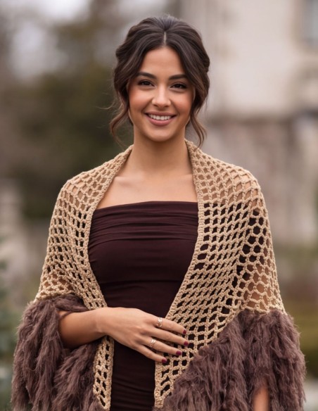 Camel-colored knit shawl with a brown faux-fur trim
