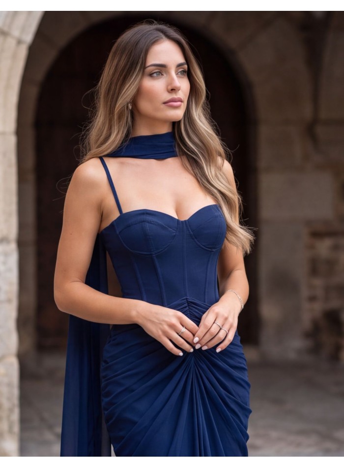 Navy blue, corseted, strappy maxi dress with a matching shawl