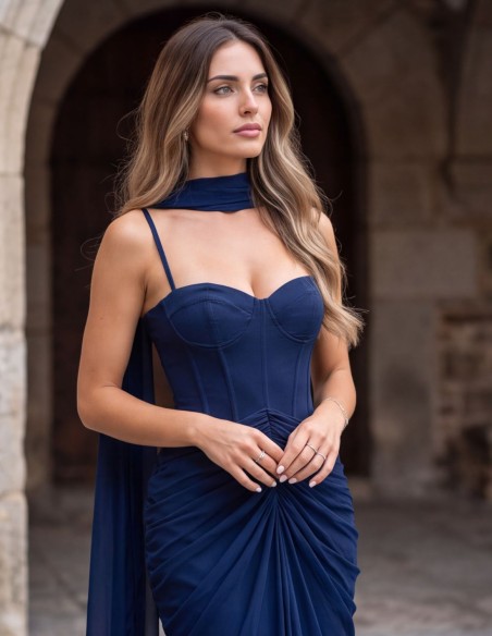 Vestido largo azul marino encorsetado de tirantes con chal a juego y frunce central