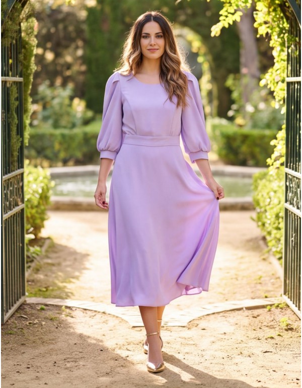 Lilac midi dress with puff sleeves and a bow detail on... 2