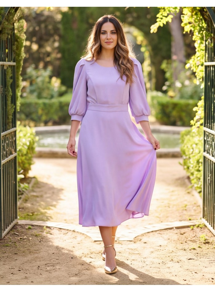 Lilac midi dress with puff sleeves and a bow...