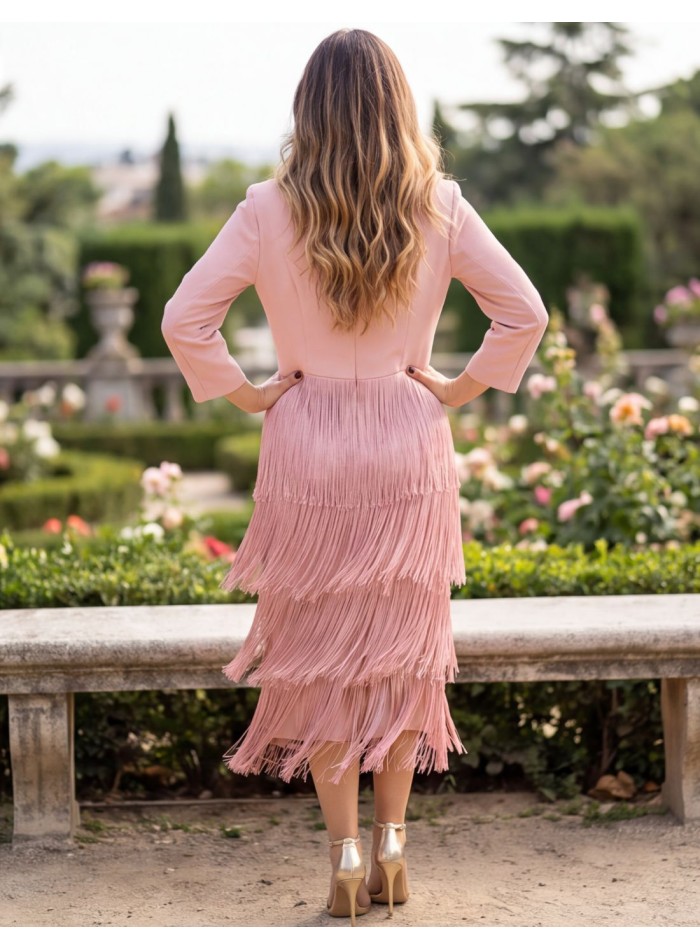 Pink midi dress with a V-neck and fringed skirt