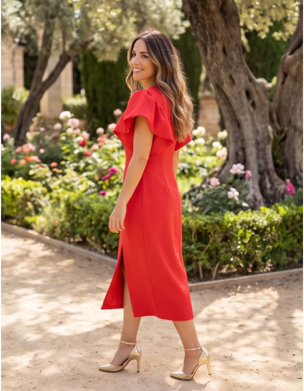 Robe midi rouge à encolure ronde et manches à volants