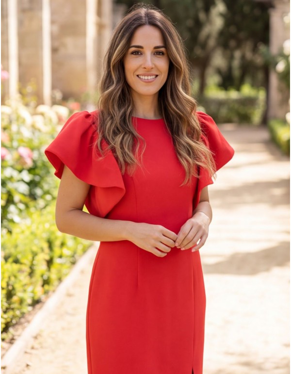 Robe midi rouge à encolure ronde et manches à volants 2