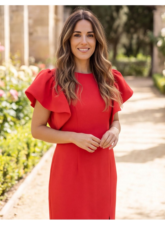 Red midi dress with a round neckline and...