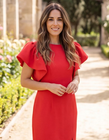 Robe midi rouge à encolure ronde et manches à volants