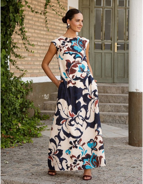 Vestido estampado en burdeos y azul con fondo crudo y bolsillos laterales