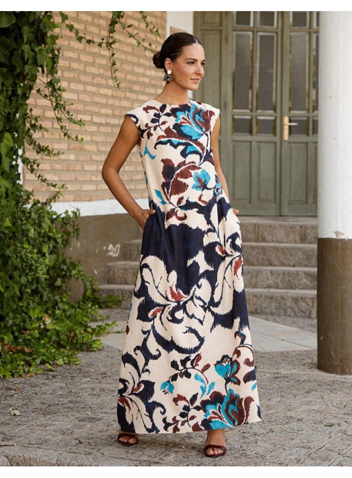 Vestido estampado en burdeos y azul con fondo crudo y bolsillos laterales
