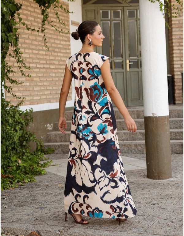 Vestido estampado en burdeos y azul con fondo crudo y bolsillos laterales 2