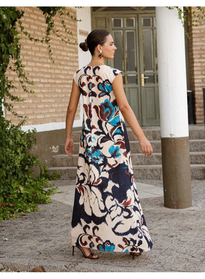 Burgundy and blue print dress with an ecru background and side pockets
