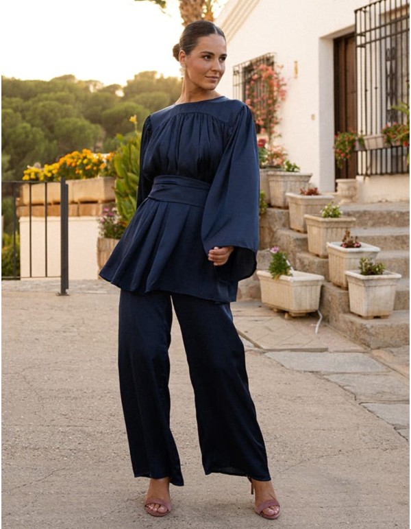 Pantalón azul marino ancho de tejido fluido con cintura elástica