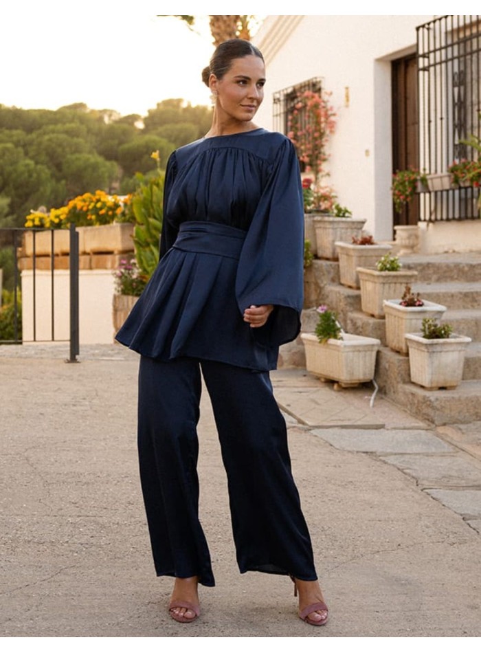 Pantalón azul marino ancho de tejido fluido con cintura elástica