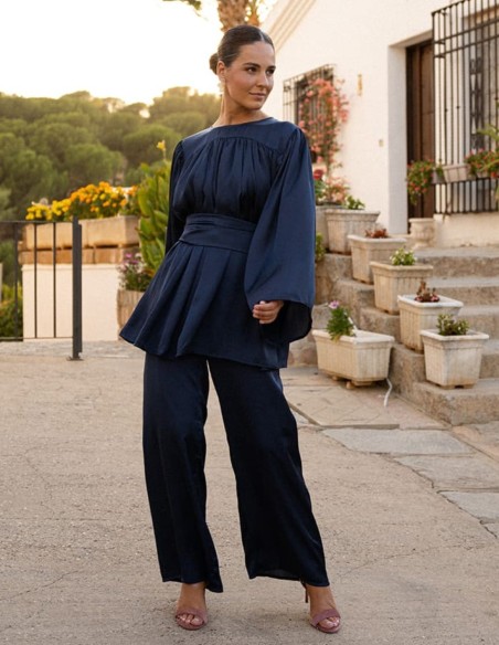 Pantalón azul marino ancho de tejido fluido con cintura elástica