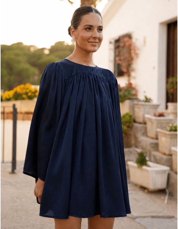 Vestido mini azul marino con pliegues y hombreras marcadas 2